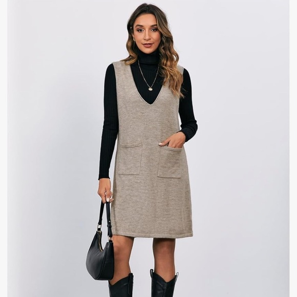 Women's Knitted Solid Sweater Dress V Neck Sleeveless Short with Pockets Brown - Picture 1 of 12